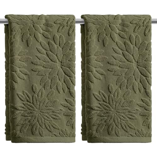 Image of Artoid Mode Olive Green 3D Dahlia Floral Jacquard Spring Hand Towels for Bathroom 35 x 75 cm, 100% Cotton Soft Absorbent Bathroom Decor Towels Set of 2