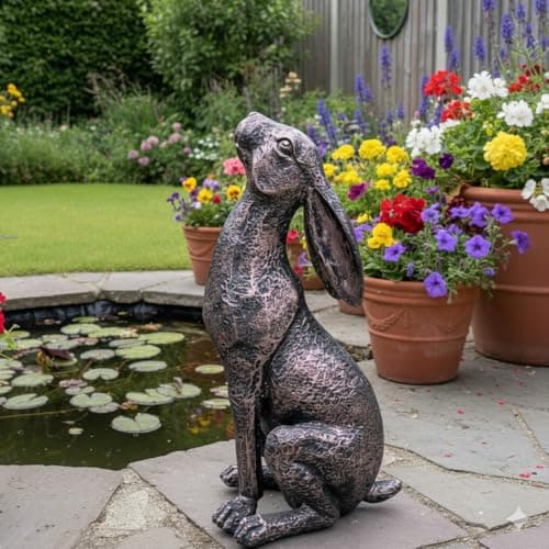 Image of My Square Mile Garden Ornaments Bronze Effect Resin Hares Set, Indoor Outdoor Moongazing and Alert Rabbit Sculptures, W17 x H36 x D16 cm (Moongazing Hare)