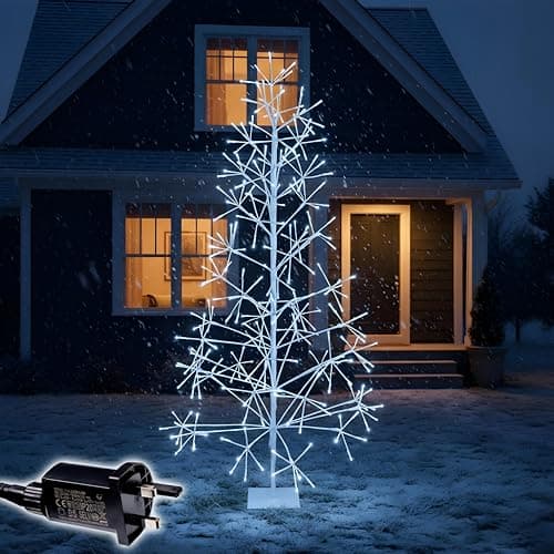 Image of 6Ft/1.8m Pre-Lit White Twig Christmas Tree – 294 Cool White Micro LEDs – Mains Operated – Indoor/Outdoor Birch Tree Xmas Home Light Decoration