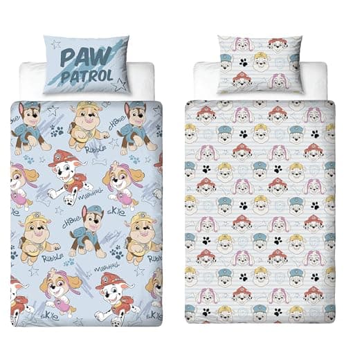 Image of Paw Patrol Official Single Childs Duvet Cover Set | Sketchy Design Reversible 2 Sided Blue Bedding Including Matching Pillow Case with Rubble, Chase, Marshall and Skye