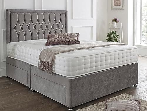 Image of SANA SLEEP Designer Damask Memory Foam Divan Bed Set With Mattress, 2 Drawers (Same Side) and Headboard 3FT Single - Naples Grey