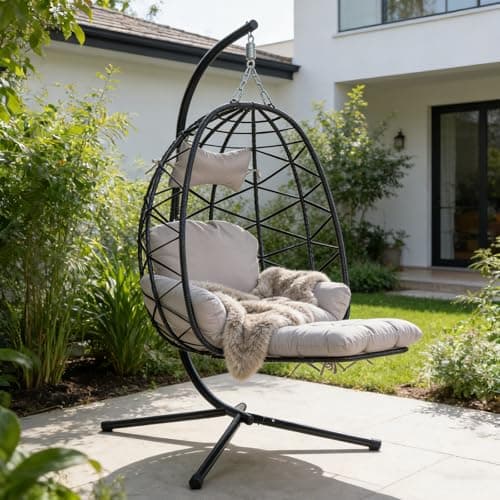 Image of Hanging Egg Chair with Stand & Leg Rest,Rattan Wicker Swing Chair with Cushion, Patio Basket Hanging Chair Wicker Hammock Chair for Indoor Outdoor Bedroom Balcony Garden,330LBS