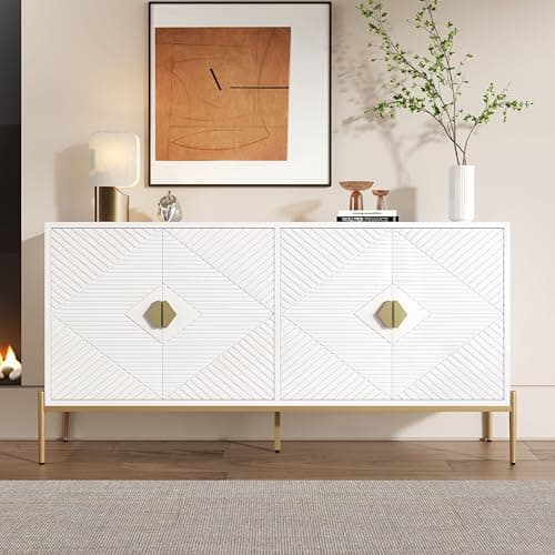 Image of Merax Sideboard Cabinet with Storage, White 4 Door Storage Unit with Gold Handles, Geometric Design Sideboard for Living Room, Dining Room or Hallway, 162x40x80cm