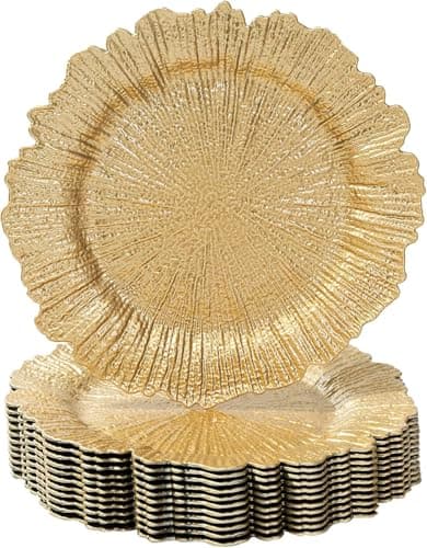 Image of LATERN 12Pcs Reusable Gold Charger Plates, 33CM Reef Plastic Dinner Charger Plate Large Round Serving Plate for Christmas Thanksgiving Halloween Wedding Party Catering Event Table Decoration
