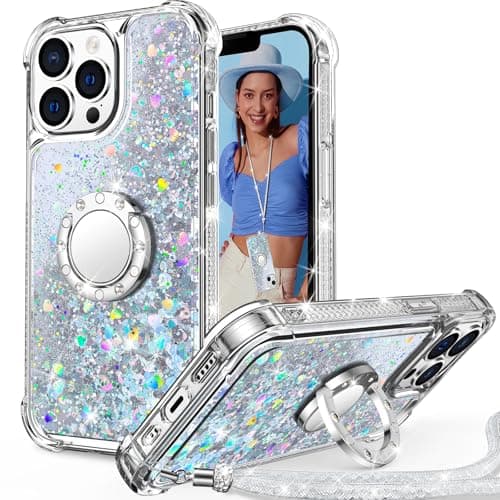 Image of Unlicaku for iPhone 12 Pro Max Case, with Ring Women Girls Bling Holographic Sparkle Glitter Cute Cover, Diamond Ring Protective Phone Case for iPhone 12 Pro Max, Clear Silver