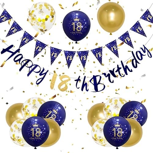 Image of Boys 18th Birthday Decorations Navy Blue Gold 18th Birthday Party Decorations Boys Banner Bunting Kit by Wonsta