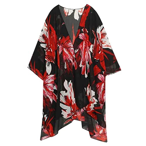 Image of Women's Kimono Cardigan Long Chiffon Floral Swimsuit Cover up Bohemian Beachwear Bikini Shawl Tops