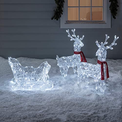 Image of Lights4fun Christmas Battery Operated Figure Light Up Acrylic Reindeer & Sleigh Garden Decoration with 240 White LEDs & Timer for Indoor and Outdoor Use