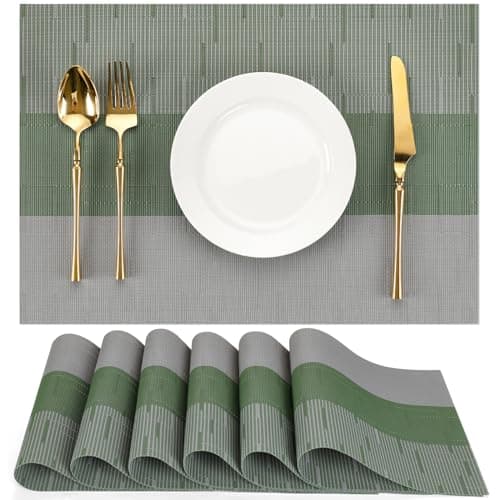 Image of Chitomars Placemats Set of 6, Vinyl Woven Place Mats Indoor Set of 6 Washable Wipeable PVC Table Mats Heat-Resistant Non Slip Placemat for Kitchen Dining Outdoor Table (Grey Sage Green, Set of 6)