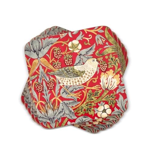 Image of Pimpernel x Spode Morris & Co Set of 6 Coasters - Cork-Backed Drink Coasters with Heat Resistance and Stain Protection, Strawberry Thief Red Design, Suitable for Tea, Coffee, and Everyday Use