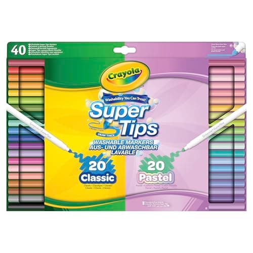 Image of CRAYOLA SuperTips Washable Markers - Classic & Pastel Colours (Pack of 40) | Premium Felt Tip Pens that Can Easily Wash Off Skin and Clothing | for Ages 3+