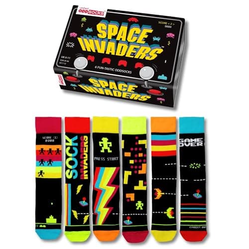 Image of United Oddsocks Space Invaders Gift Box – 6 Fun-Tastic Odd Socks for Men – UK 6–11, EUR 39–46, US 7–12 – Officially Licensed TAITO Retro Gaming Socks – Mix & Match Novelty Gift for Birthdays & Fans