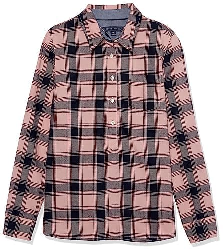 Image of Tommy Hilfiger Women's Long Sleeve Half Zip Roll Tab Popover Shirt, Bridal Rose Multi, S