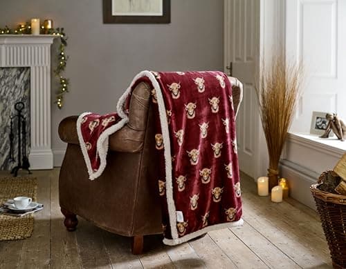 Image of Deyongs Highland Cow Cuddly Sherpa Fleece Throw 140cm x 180cm Mulberry with Sherpa Reverse