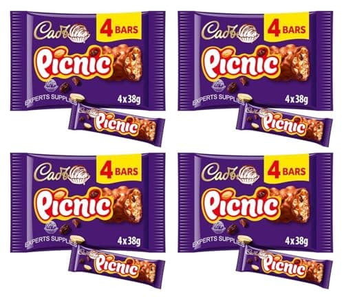 Image of Cad Dairy Milk Bars Multipack Wispa, Caramel, Picnic, Boost, Flake, Fudge, Twirl, Starbar, Milk Chocolate Perfect for Sharing for Christmas & New Year (x4, Picnic Bar 4 Pack)