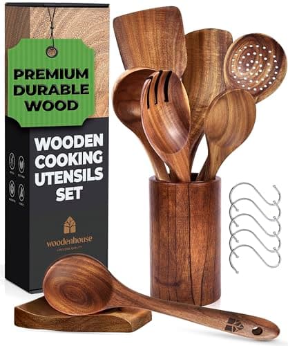 Image of Wooden Spoons for Cooking – Wooden Utensils for Cooking Set with Holder, Spoon Rest & Hanging Hooks, Teak Wood Nonstick Kitchen Cookware – Durable Set of 8pcs by Woodenhouse