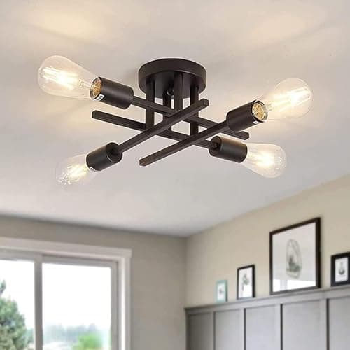 Image of Comely Industrial Semi Flush Mount Ceiling Light, 4-Light E27 Rustic Chandelier Sputnik Ceiling Light, Modern Industrial Black Ceiling Lamp for Bedroom, Dining Room, Kitchen, Hallway, Office