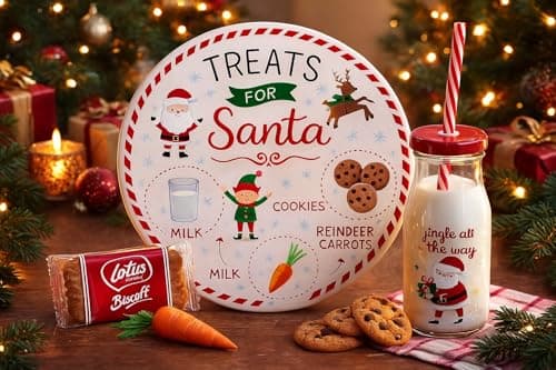 Image of eBoutik - Ultimate Christmas Eve Plate, Glass Milk Bottle & Biscuit - Reusable Santa Design Bottle with Straw, Unbreakable Board with Sections for Milk, Cookies, for Santa Festive Holiday Decor