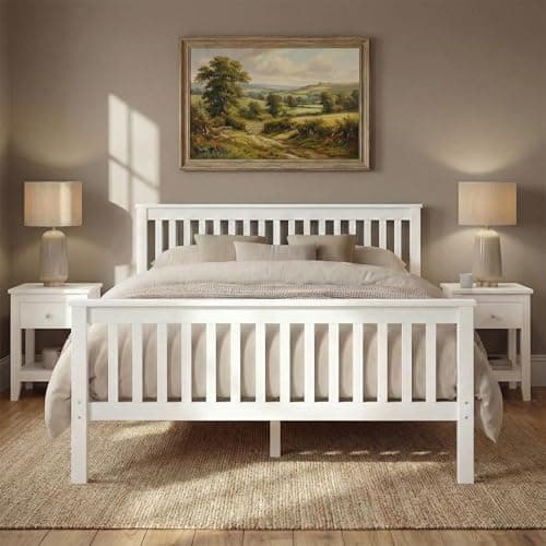 Image of Blisswood Double Bed, 4ft6 Double Bed Frame for Bedroom, Solid Pine Wood Bed Frames For Kids & Adults, Wooden Bed Frame With Headboard & Low Foot, Double Beds 198L x 143W x 82H, White