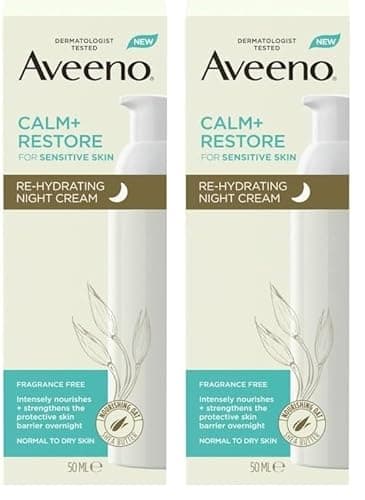 Image of Aveeno Face CALM+RESTORE Re-Hydrating Night Cream, Intensely Nourishes, With Shea Butter & Prebiotic Oat, For Sensitive Skin, Fragrance Free, 50ml (Pack of 2)