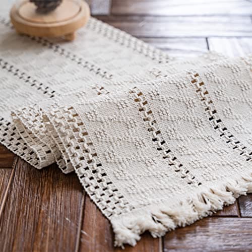 Image of Weldomcor Beige Macrame Cotton Linen Table Runner with Tassels for Table Decoration Dining Room Home Party Wedding Boho Christmas, 30 x 180 cm