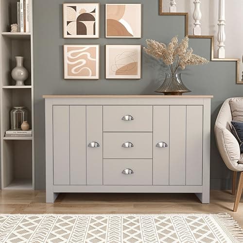 Image of Galano Lexington 2 Door 3 Drawer Sideboard – Storage Cabinet for Living Room & Hallway – 119.0W x 39.8D x 76.4Hcm – Light Grey/Oak