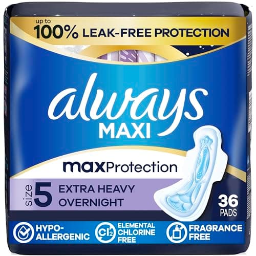 Image of Always Maxi Overnight Pads with Wings for Women, Size 5, Extra Heavy Overnight Absorbency, Unscented, 36 Count