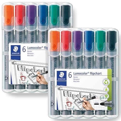Image of STAEDTLER Lumocolor Marker Pen Bullet Tip - Black, Green, Blue, Violet, Red, Orange Ink Colours - Pack of 12 Pens (356 WP6 Flipchart Marker)