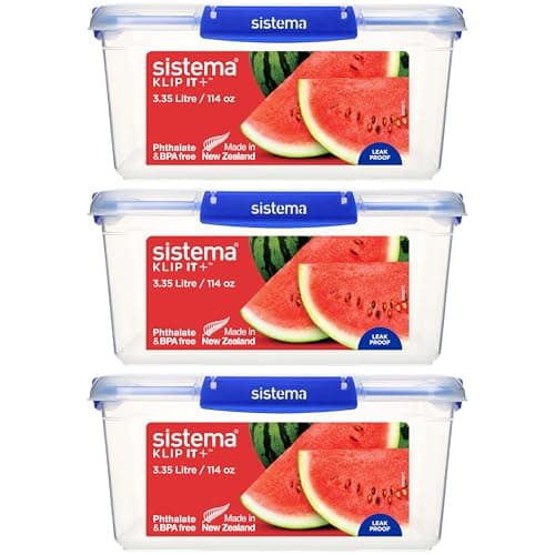 Image of Sistema KLIP IT PLUS Food Storage Containers | 3.35 L | Leak-Proof, Stackable & Airtight Fridge/Freezer Containers with Lids | BPA-Free Plastic | Blue Clips | 3 Count