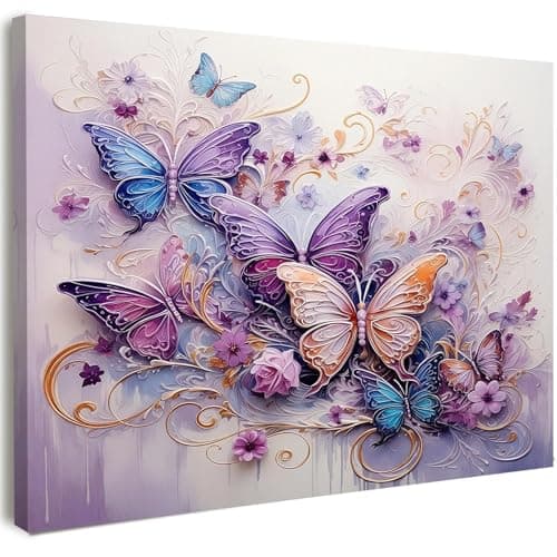 Image of Qiukoo Canvas Wall Art Framed – Purple Butterfly Floral Artwork, Elegant Abstract Wall Decor for Bedroom, Living Room, Hallway or Entryway Home Decoration, with Hooks and Nails, 12x16 Inch