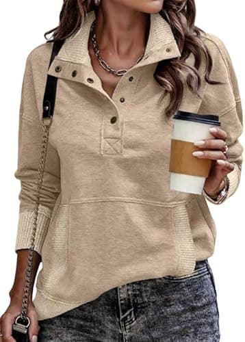 Image of ELFIN Womens Hoodies Long Sleeve Lightweight Sweatshirts Button Collar Casual Pullover with Pocket Apricot