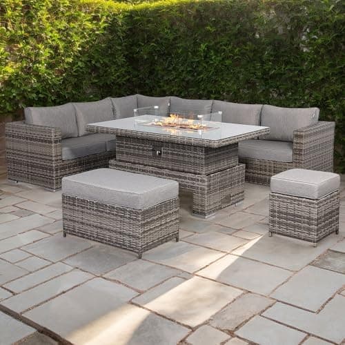 Image of Rattan park Rattan Garden Furniture Cambridge Modular Corner Set with Rising Fire Pit Table in Stone Browne Grey weave