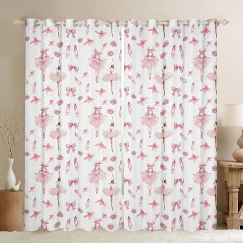 Image of Manfei Ballerina Girls Curtains Pink Bow Shoes Floral Window Drapes, Cute Ballet Bowknot Window Treatments, Kids Princess Room Decor, Grommet Top 2 Panel Set Bedroom Curtains, 46Wx54L inch