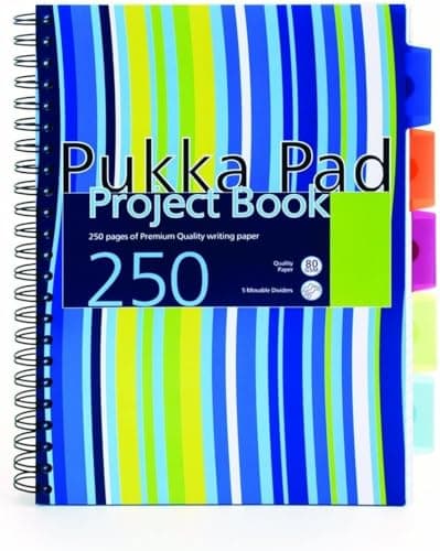 Image of Pukka Pad, A4 Striped Project Notebook 1-Pack - 29.7 x 23cm - Wirebound Notebook with Ruled Lines on 80GSM Paper – Includes Repositionable Dividers with Storage Pockets - 250 Pages, Pink or Blue