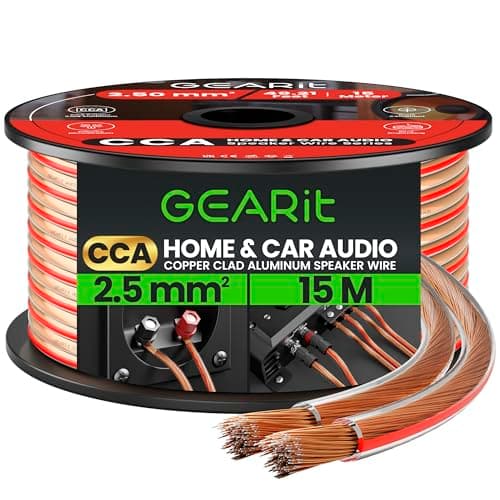 Image of GEARit 2x2.5mm² Speaker Cable 15M, 14AWG Twin Core Speaker Wire with Polarity Markings, Flexible CCA Copper Clad Aluminum Audio Cable for In-Wall Home Home Cinema, HiFi & Car Stereo - Clear