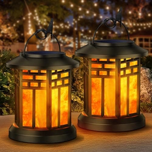 Image of KALAHOL 2 Pack Solar Lanterns Outdoor Garden, Hanging Solar Garden Lanterns with Realistic Flickering Flame, Waterproof Decorative Solar Garden Ornaments for Garden, Pathway, Patio, Table (Grid Style)