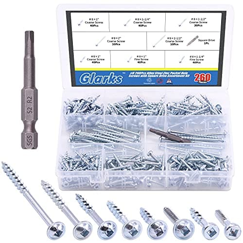 Image of Glarks 260Pcs Pocket Hole Screw Set 8 Size Square Drive Self Tapping Coarse Fine Thread Screws Assortment Kit for Wood and Sheet Metal (260Pcs Screws Assortment Kit)