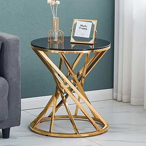 Image of ZOONFA Set of 1 Gold Glass Top Side Table for Living Room- Round Black Grey Tempered Glass & Stainless Steel Frame, 50cm Modern Spiral End Tables for Bedroom Guestroom (Golden)