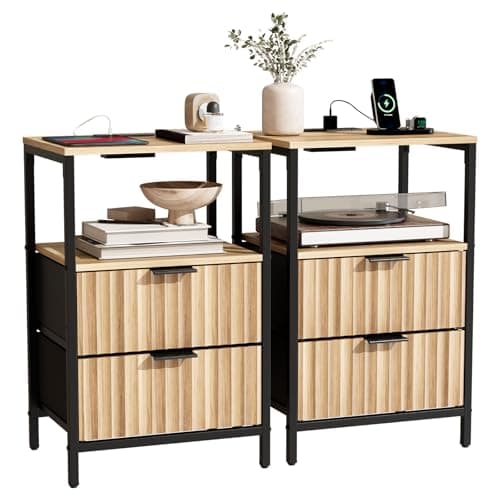 Image of Bonnlo Bedside Table with Charging Station, Grille Nightstand with USB, Type-C and Plug, Small End Tables with 1 Shelf, 2 Fabric Drawers and Cabinet,38×30×60cm Bedside Cabinet (2, Oak)