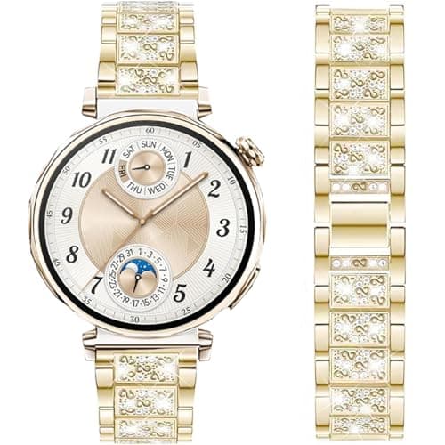 Image of DEALELE Strap Compatible with Huawei Watch GT6 / GT5 / GT4 41mm / GT5 Pro 42mm / Fossil Women's Gen 6 / Gen 5E 42mm / Garmin Venu 3S, 18mm Bling Rhinestone Diamond Metal Bracelet for Women, Gold