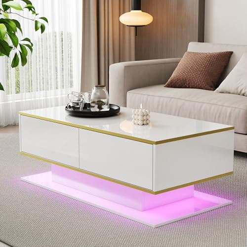 Image of Merax LED High Gloss Coffee Table, Modern Living Room Table with LED Light Strip & USB,Drawers, Gold Accents, Storage Coffee Table with 3 Drawers & Open Shelf, white - 100x50x40cm