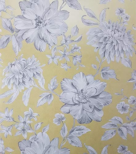 Image of Yellow Floral Wallpaper White Grey Flowers Pearlescent Metallic YöL Lucia