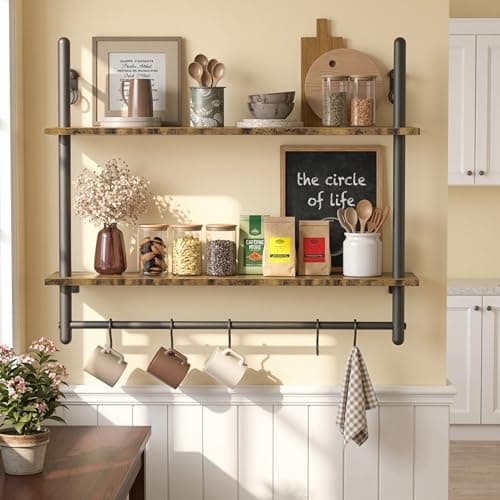 Image of Merapi Industrial Pipe Floating Shelf with Towel Bar & Hooks - 31.5" Wall Mounted Kitchen, Bathroom, Coffee Bar Shelf - Modern Farmhouse Wood & Metal Shelves with 8 S-Hooks