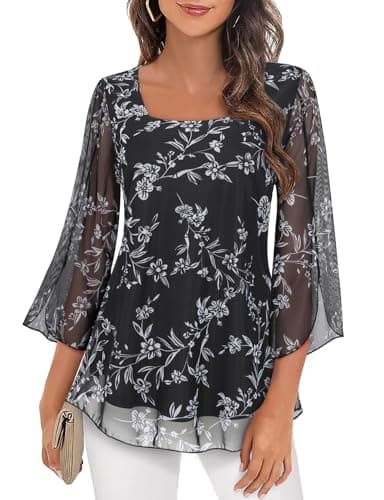 Image of Syphiby Plus Size Tops, Womens 3/4 Ruffle Sleeve Blouse Ladies Square Neck Blouse Plus Size Going Out Tops Floal Tunic Womens Floral Black
