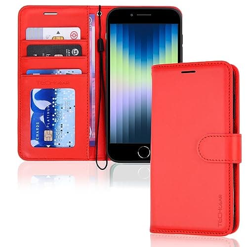 Image of TECHGEAR iPhone SE 2022 5G / 2020, iPhone 8/7/6 Leather Wallet Case, Flip Case Cover, Card Holder, Stand, Wrist Strap - Red PU Leather, Magnetic Closure for iPhone SE 3 / SE 2 / iPhone 8 7 6 6s 4.7"