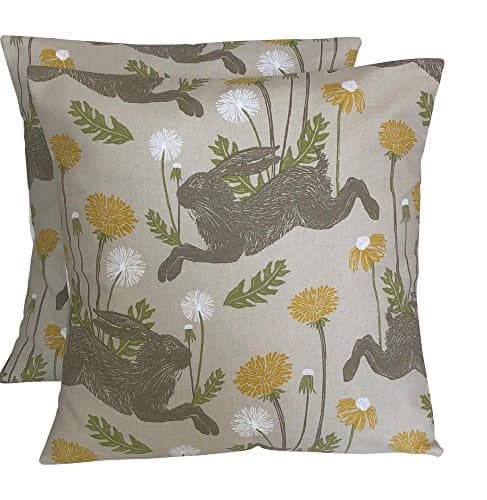 Image of Pack Of Two 2 x 16" x 16" (40cm x 40cm) Handmade Clarke & Clarke March Hares Linen Mustard Yellow White Brown Cushion Covers