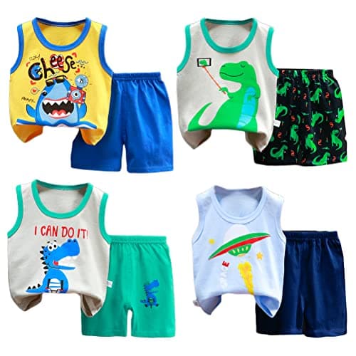 Image of XM-Amigo 8 Pack of Baby Boys Sleeveless Vest Top Undershirts Soft Tank Tops Shorts Pants Outfits Clothes Sets,Age 2-3 Years（90-100cm）
