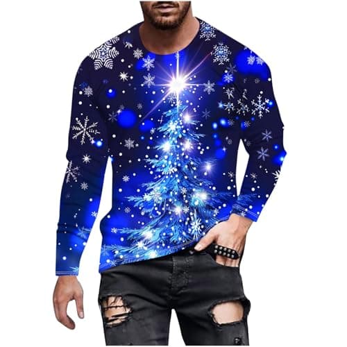 Image of Men's Ugly Christmas Shirt, Xmas Tree T-Shirts Long Sleeve Sweatshirt Crewneck Tee Shirt Snowflakes Tops 3D Funny Christmas Tree Printed Pullover Holiday Casual Loose Tshirts Plus Size S-5XL