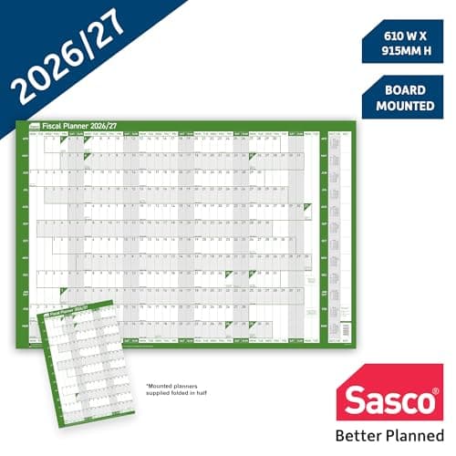 Image of Sasco 2026/27 Fiscal Wall Planner – Board Mounted Year Calendar with Wet Wipe Pen & Stickers, 91.5x61cm, Green – April to March – 2026 Planner for Financial Year Planning in Offices