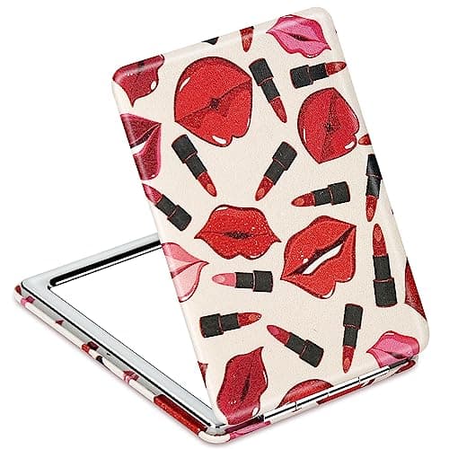 Image of Premium Vanity Compact Makeup Mirror for Girls Women, Stylish Slim Travel Cosmetic Mirrors for Pocket Purse Handbag, Portable Magnifying Handheld Small Mirror with Classic PU Leather (Bright Red)